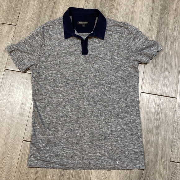 Banana Republic “Premium Linen” Heathered Gray w/Navy Blue Collar Polo Shirt - Picture 4 of 7